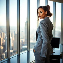 A poised woman in stylish corporate attire, standing confidently and turned away from a computer screen