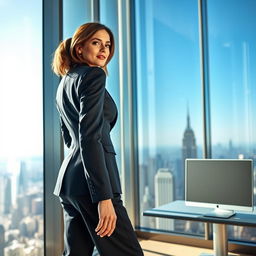 A poised woman in stylish corporate attire, standing confidently and turned away from a computer screen