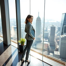 A poised woman in stylish corporate attire, standing confidently and turned away from a computer screen