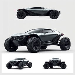 Design an innovative off-road car that is truly original, featuring a rugged yet futuristic design