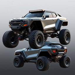 Design an innovative off-road car that is truly original, featuring a rugged yet futuristic design