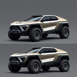 Design an innovative off-road car that is truly original, featuring a rugged yet futuristic design