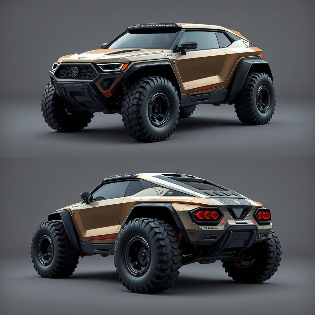 Design an innovative off-road car that is truly original, featuring a rugged yet futuristic design