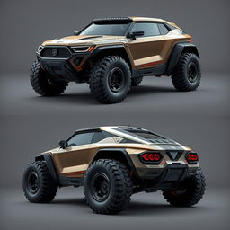 Design an innovative off-road car that is truly original, featuring a rugged yet futuristic design