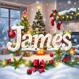 The word 'James' artistically designed with festive Christmas elements surrounding it, such as colorful ornaments, twinkling fairy lights, holly leaves, and snowflakes