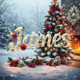 The word 'James' artistically designed with festive Christmas elements surrounding it, such as colorful ornaments, twinkling fairy lights, holly leaves, and snowflakes