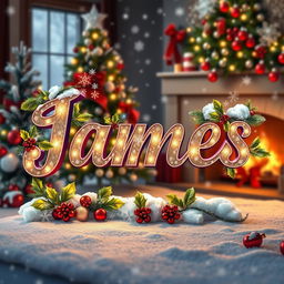 The word 'James' artistically designed with festive Christmas elements surrounding it, such as colorful ornaments, twinkling fairy lights, holly leaves, and snowflakes