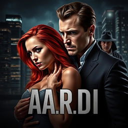 A captivating book cover in the dark romance style, featuring a wealthy, dominant man alongside a defenseless woman with striking red hair, set against a moody contemporary nighttime cityscape