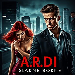 A captivating book cover in the dark romance style, featuring a wealthy, dominant man alongside a defenseless woman with striking red hair, set against a moody contemporary nighttime cityscape