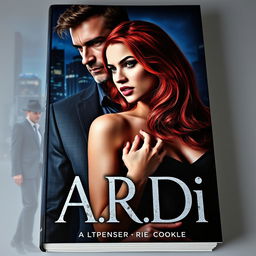 A captivating book cover in the dark romance style, featuring a wealthy, dominant man alongside a defenseless woman with striking red hair, set against a moody contemporary nighttime cityscape