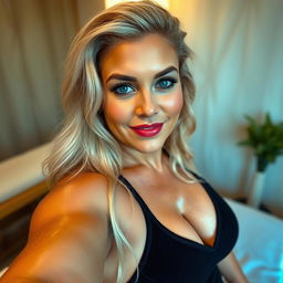 A realistic Instagram selfie of a voluptuous 40-year-old woman with long, beautiful blonde hair styled like a fantasy princess