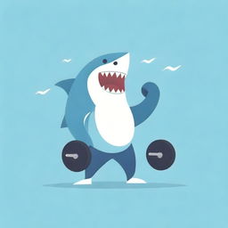 A shark, flexing its muscles, in a workout setting with gym equipment, weights and workout gear, embodying the logo of Gym Shark.