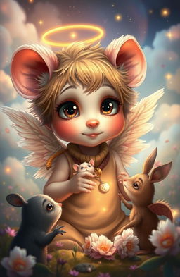 A whimsical and enchanting depiction of a boy with rat-like features, possessing angelic traits