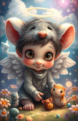 A whimsical and enchanting depiction of a boy with rat-like features, possessing angelic traits