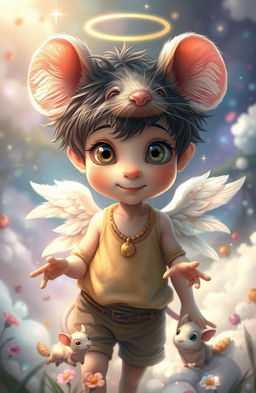 A whimsical and enchanting depiction of a boy with rat-like features, possessing angelic traits