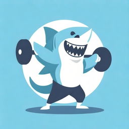 A shark, flexing its muscles, in a workout setting with gym equipment, weights and workout gear, embodying the logo of Gym Shark.