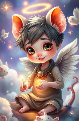 A whimsical and enchanting depiction of a boy with rat-like features, possessing angelic traits