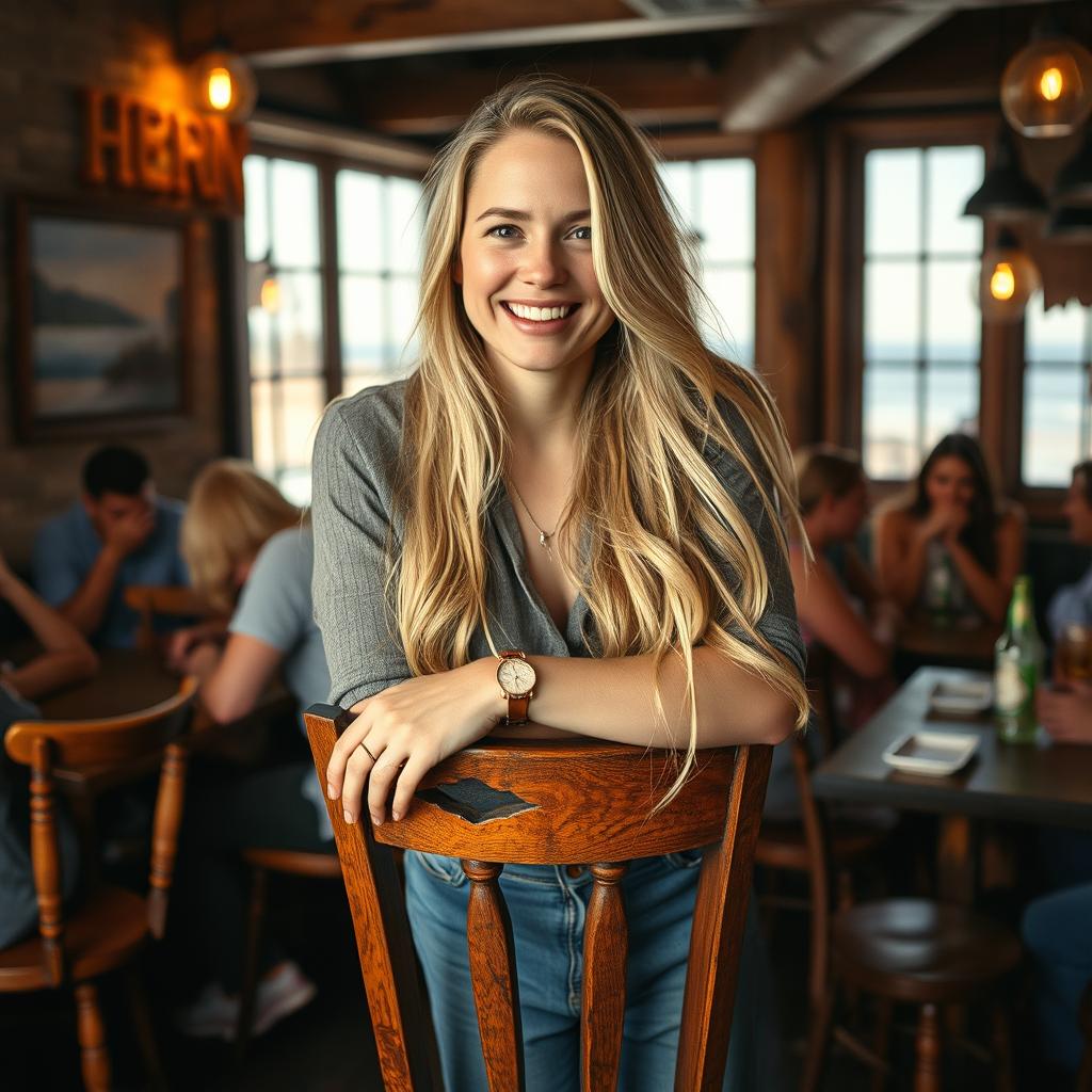 A blonde woman with long, flowing hair leans casually on a rustic wooden chair, capturing the essence of social media portraiture