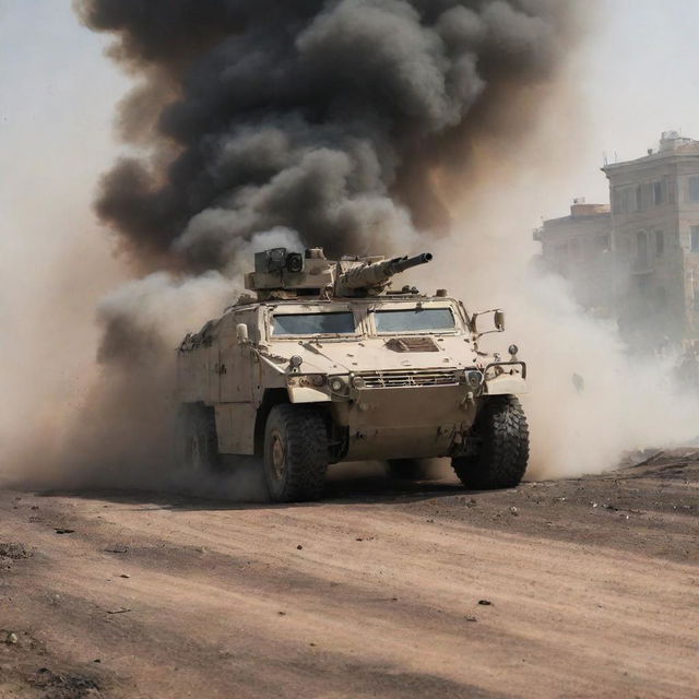 A heavily armored military vehicle in active engagement, cannons recoiling from recent fire, amidst an explosive battlefield enveloped in smoke and chaos.