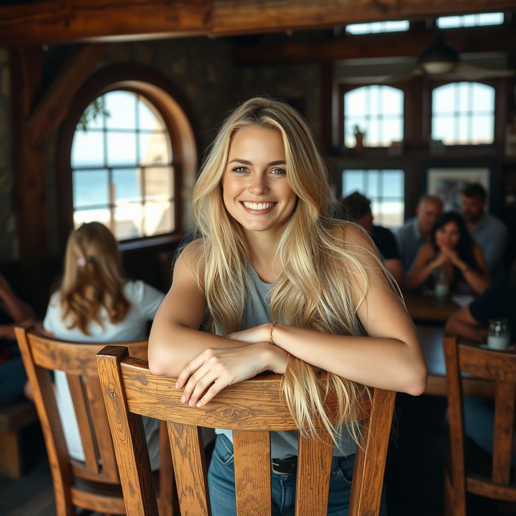 A blonde woman with long, flowing hair leans casually on a rustic wooden chair, capturing the essence of social media portraiture