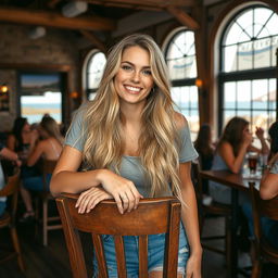 A blonde woman with long, flowing hair leans casually on a rustic wooden chair, capturing the essence of social media portraiture