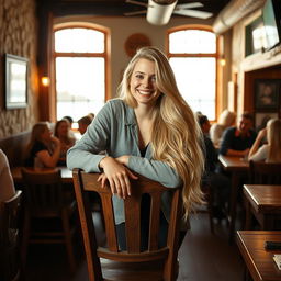 A blonde woman with long, flowing hair leans casually on a rustic wooden chair, capturing the essence of social media portraiture