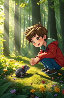 A whimsical scene depicting a young boy with tousled hair, wearing a bright red jacket and blue jeans, exploring a lush green forest