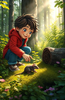 A whimsical scene depicting a young boy with tousled hair, wearing a bright red jacket and blue jeans, exploring a lush green forest