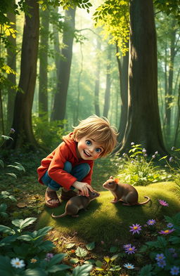 A whimsical scene depicting a young boy with tousled hair, wearing a bright red jacket and blue jeans, exploring a lush green forest