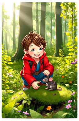 A whimsical scene depicting a young boy with tousled hair, wearing a bright red jacket and blue jeans, exploring a lush green forest