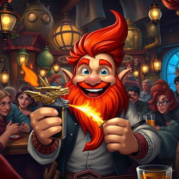 In a vibrant pub set in a fantastical Dungeons & Dragons world, a ruddy tan, red-haired male rock gnome with sparkling sapphire-blue eyes and a striking red beard is beaming with delight