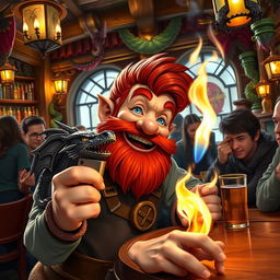 In a vibrant pub set in a fantastical Dungeons & Dragons world, a ruddy tan, red-haired male rock gnome with sparkling sapphire-blue eyes and a striking red beard is beaming with delight