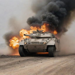 A heavily armored military vehicle in active engagement, cannons recoiling from recent fire, amidst an explosive battlefield enveloped in smoke and chaos.