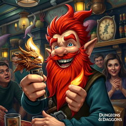 In a vibrant pub set in a fantastical Dungeons & Dragons world, a ruddy tan, red-haired male rock gnome with sparkling sapphire-blue eyes and a striking red beard is beaming with delight