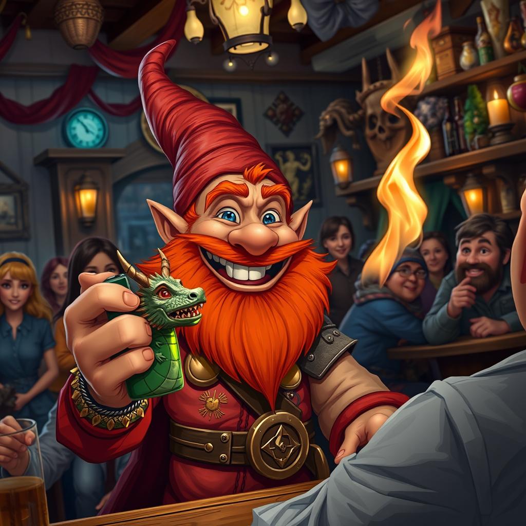 In a vibrant pub set in a fantastical Dungeons & Dragons world, a ruddy tan, red-haired male rock gnome with sparkling sapphire-blue eyes and a striking red beard is beaming with delight