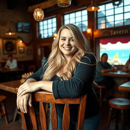 A curvy blonde woman with long, flowing hair leans gracefully on a rustic wooden chair, embodying the spirit of social media portraiture