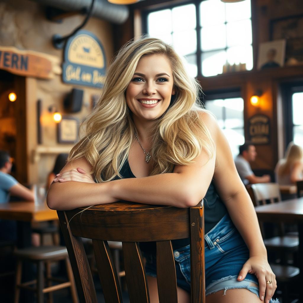 A curvy blonde woman with long, flowing hair leans gracefully on a rustic wooden chair, embodying the spirit of social media portraiture