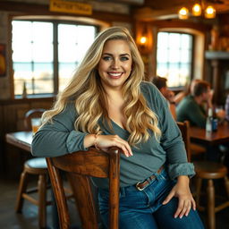 A curvy blonde woman with long, flowing hair leans gracefully on a rustic wooden chair, embodying the spirit of social media portraiture