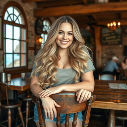 A curvy blonde woman with long, flowing hair leans gracefully on a rustic wooden chair, embodying the spirit of social media portraiture