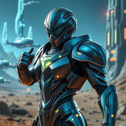 A character wearing sleek, futuristic armor that features intricate details like glowing circuits and a metallic finish