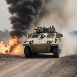 A heavily armored military vehicle in active engagement, cannons recoiling from recent fire, amidst an explosive battlefield enveloped in smoke and chaos.