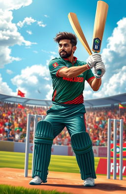 A detailed artistic depiction of Mahmudullah Riyad, the Bangladeshi cricket player, in action during a match