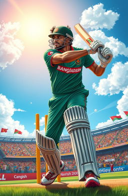 A detailed artistic depiction of Mahmudullah Riyad, the Bangladeshi cricket player, in action during a match