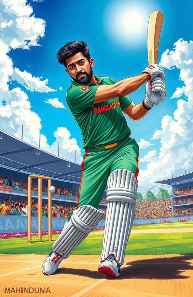 A detailed artistic depiction of Mahmudullah Riyad, the Bangladeshi cricket player, in action during a match