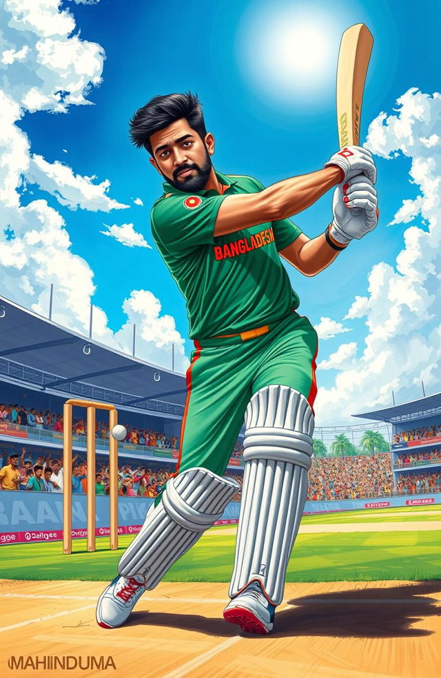 A detailed artistic depiction of Mahmudullah Riyad, the Bangladeshi cricket player, in action during a match