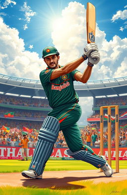 A detailed artistic depiction of Mahmudullah Riyad, the Bangladeshi cricket player, in action during a match