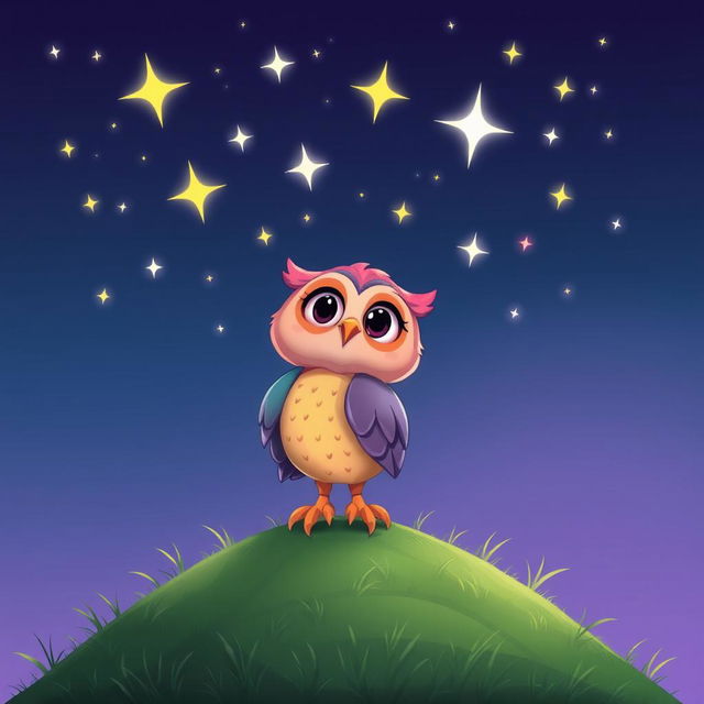 A whimsical, cartoonish owl perched on a grassy hilltop, gazing up at a shimmering night sky filled with twinkling stars