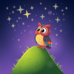 A whimsical, cartoonish owl perched on a grassy hilltop, gazing up at a shimmering night sky filled with twinkling stars