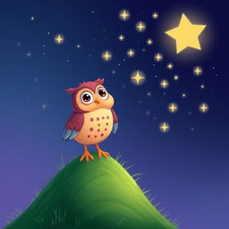 A whimsical, cartoonish owl perched on a grassy hilltop, gazing up at a shimmering night sky filled with twinkling stars