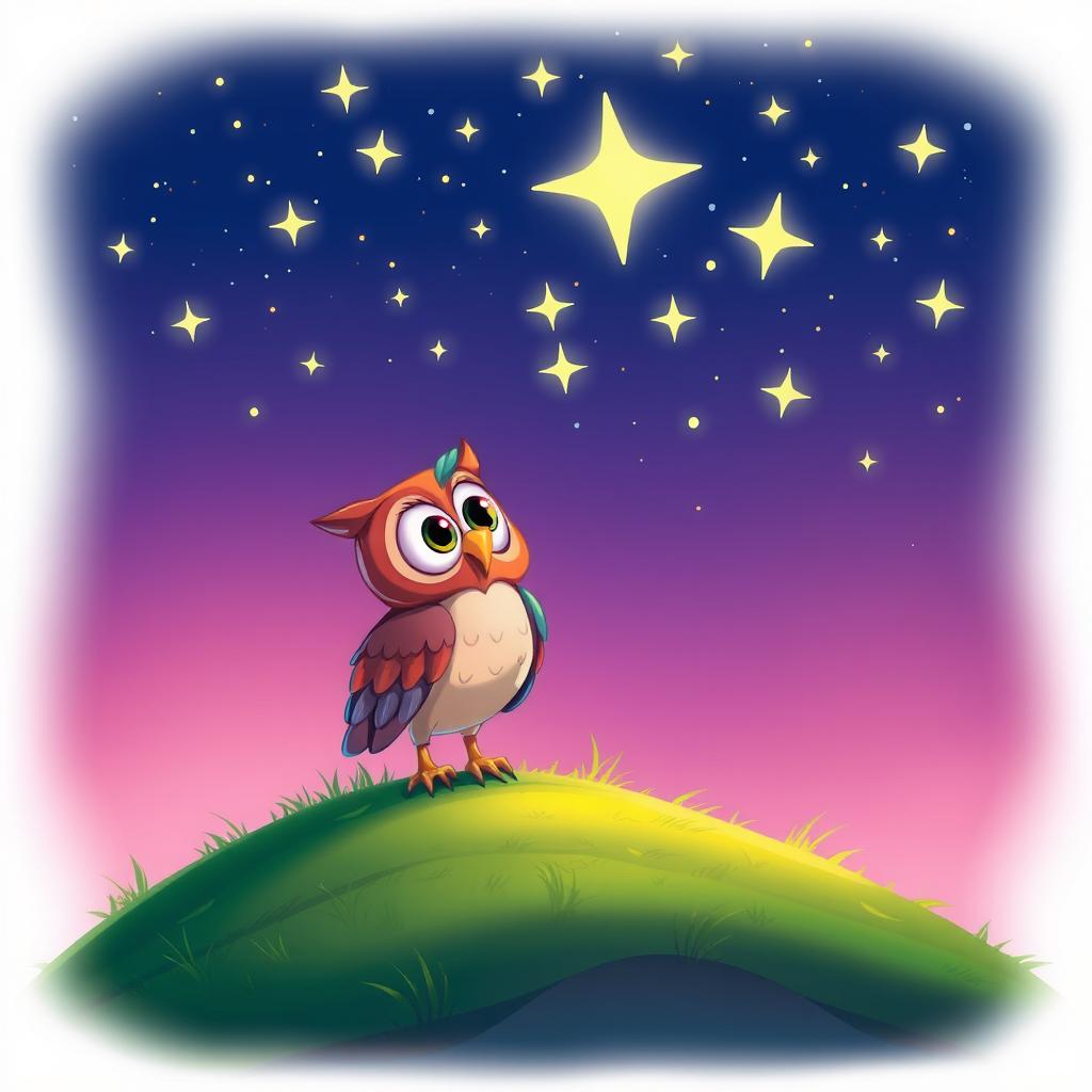 A whimsical, cartoonish owl perched on a grassy hilltop, gazing up at a shimmering night sky filled with twinkling stars